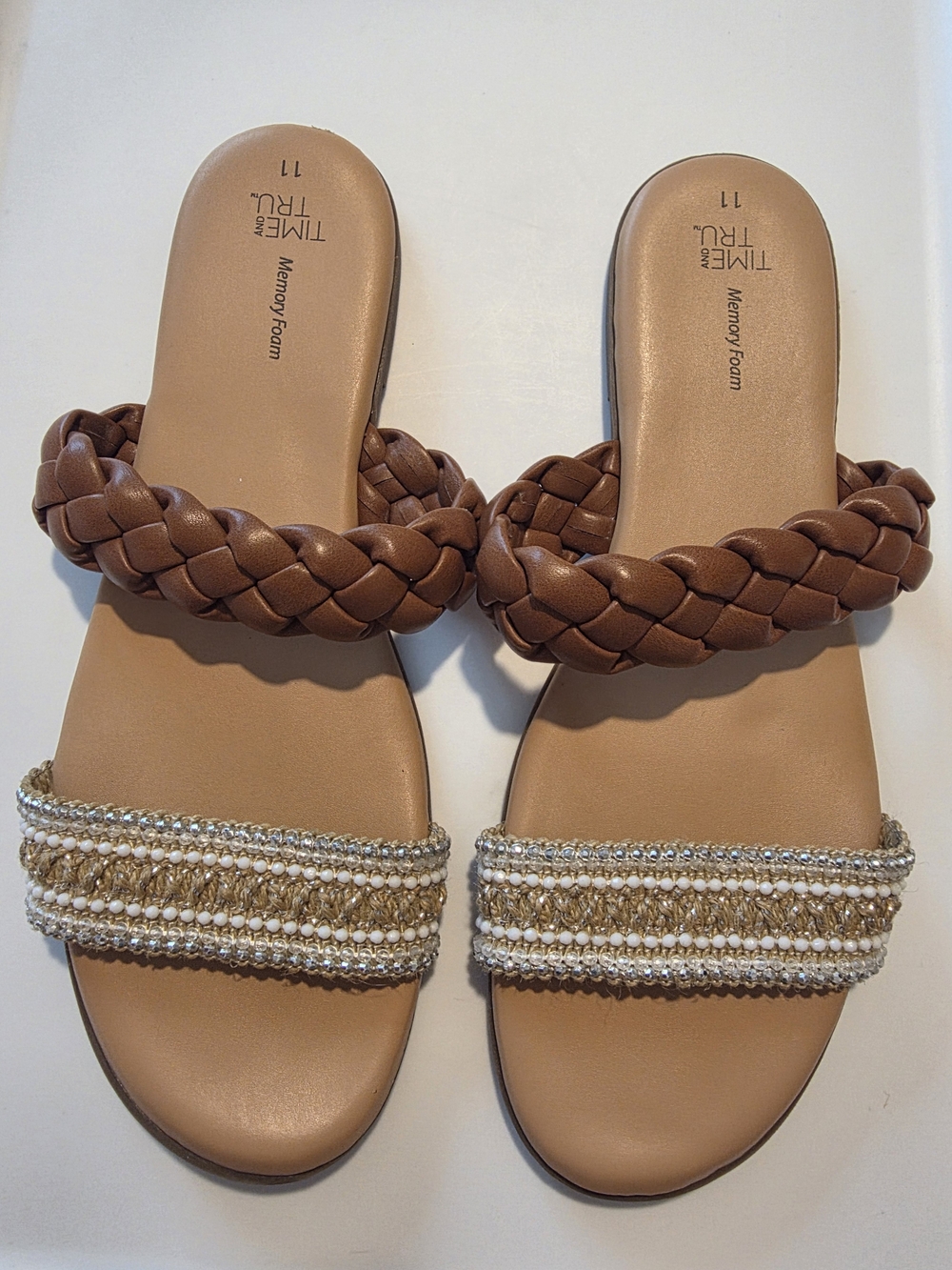 Time and Tru Women's Brown Braided Slide Sandals with Beaded Straps